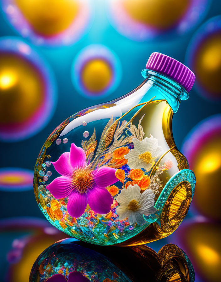 Colorful Floral Design Potion Bottle with Pink Cap on Golden Orbs Background