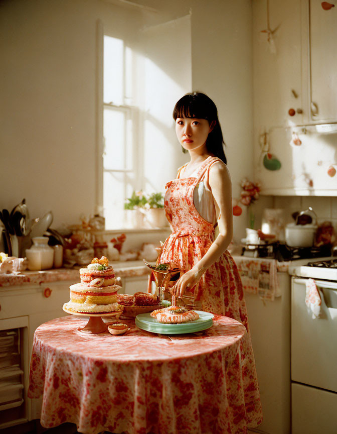 Woman in apron with tiered cake and pastries in sunny floral kitchen