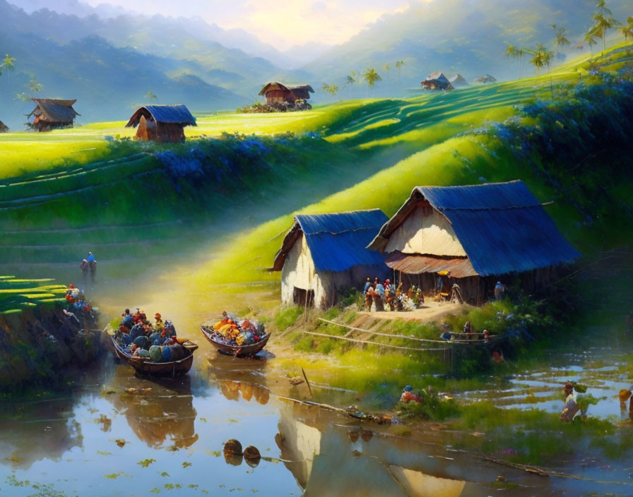 Rural landscape with huts, rolling hills, terraced fields, river boats, and people in