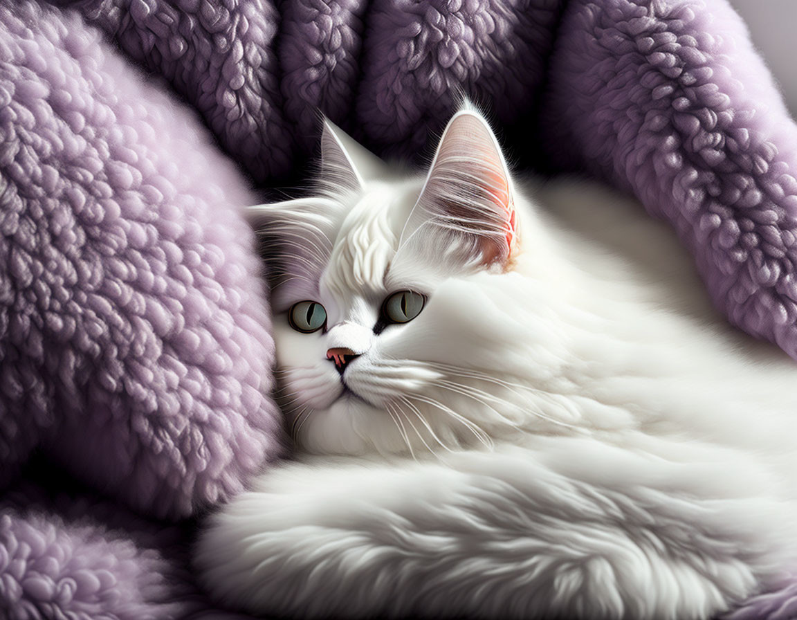 Fluffy White Cat with Blue Eyes in Purple Blanket