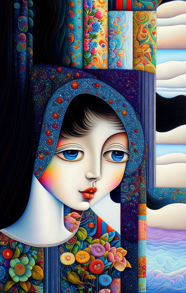 Colorful Surrealist Portrait with Patterned Fabrics and Landscapes