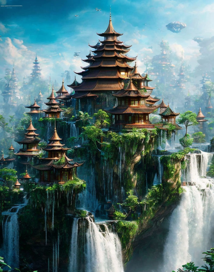 Fantastical Pagoda Structures Amid Waterfalls and Greenery