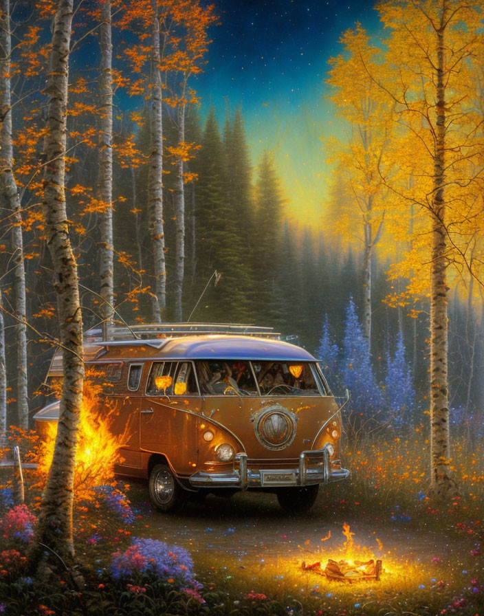 Vintage van parked in enchanted forest with campfire and starlit sky