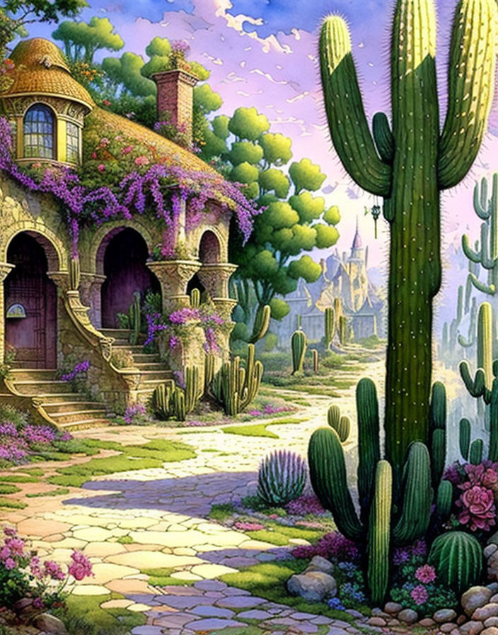 Illustration of stone cottage surrounded by purple flowers and cacti garden under cloudy sky