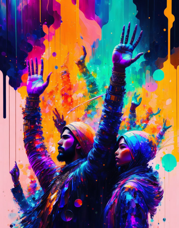 Colorful Paint Drips Surrounding Two People in Vibrant Artwork