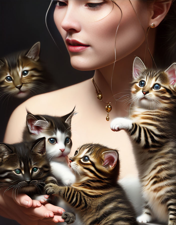 Woman with subtle makeup surrounded by five adorable kittens with various patterns.