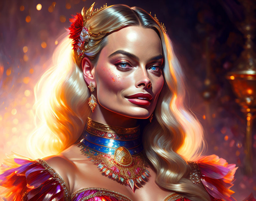 Digital painting of woman with golden hair and blue eyes in ornate jewelry against warm backdrop