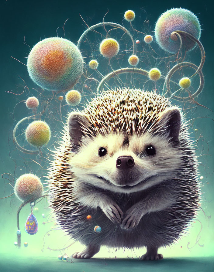 Whimsical illustrated hedgehog with vibrant dandelions on green background