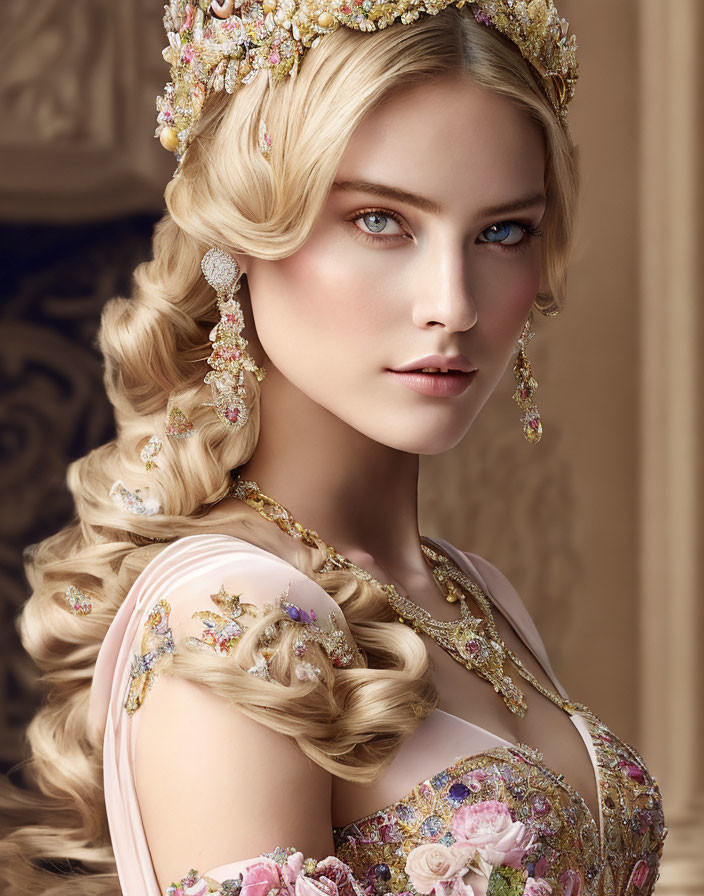Blonde Woman with Golden Crown and Blue Eyes Portrait