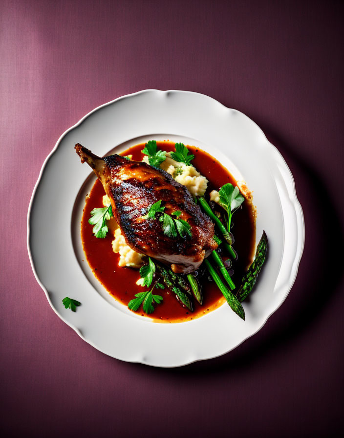 Roasted Duck Leg with Mashed Potatoes and Asparagus Plate