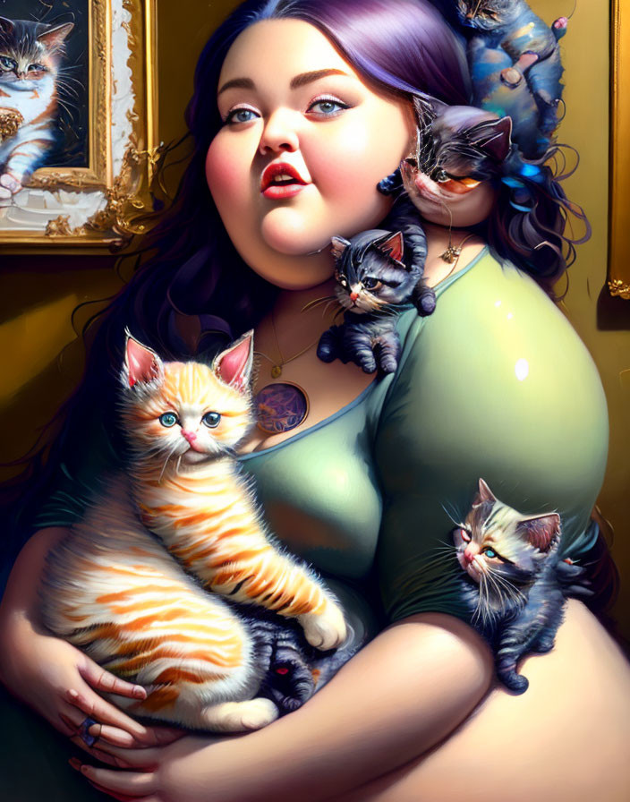 Woman with playful kittens on shoulder and in arms.