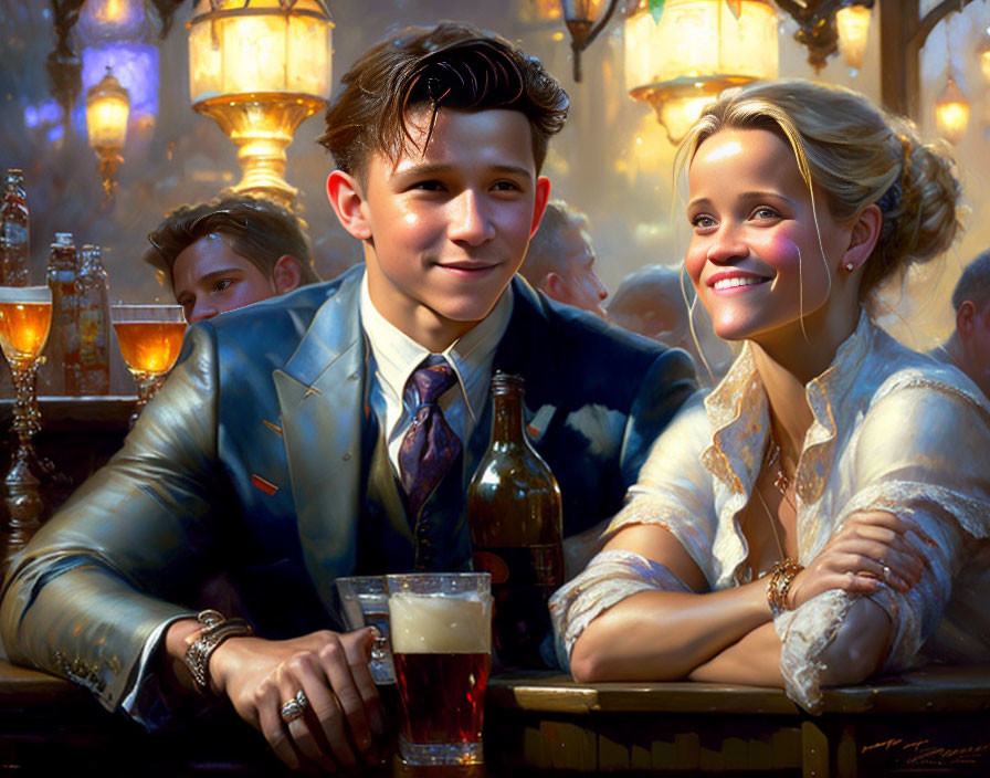 Young couple in elegant attire smiling at bar with beer glasses