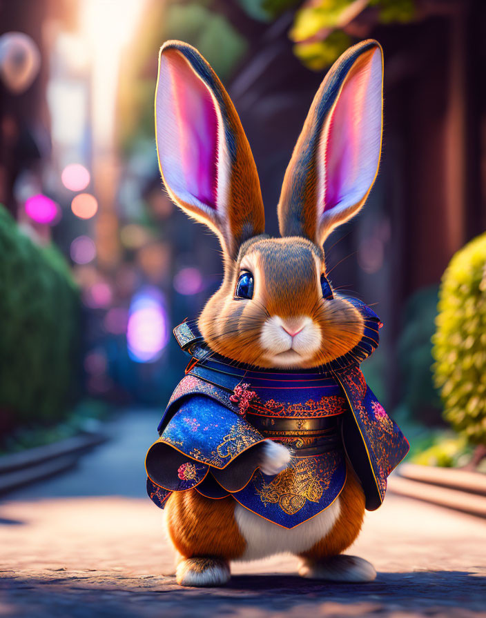 Anthropomorphic rabbit in Japanese attire on city street.