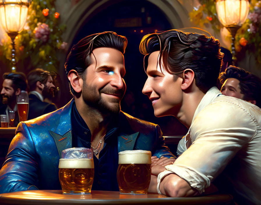 Men smiling and enjoying beers in a warm bar ambiance