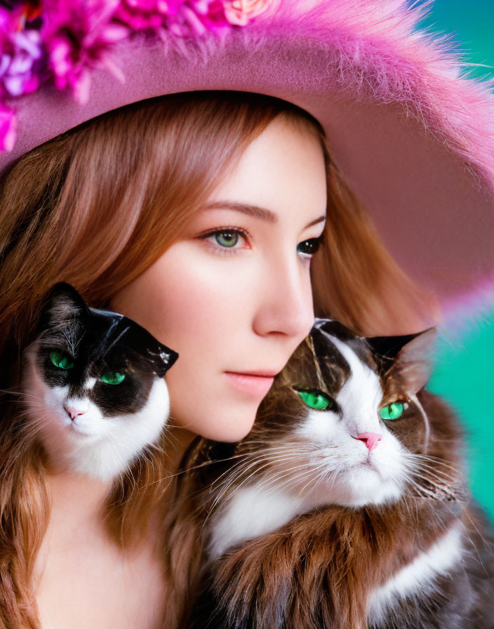 Woman with Green Eyes in Pink Feathered Hat with Two Green-Eyed Cats