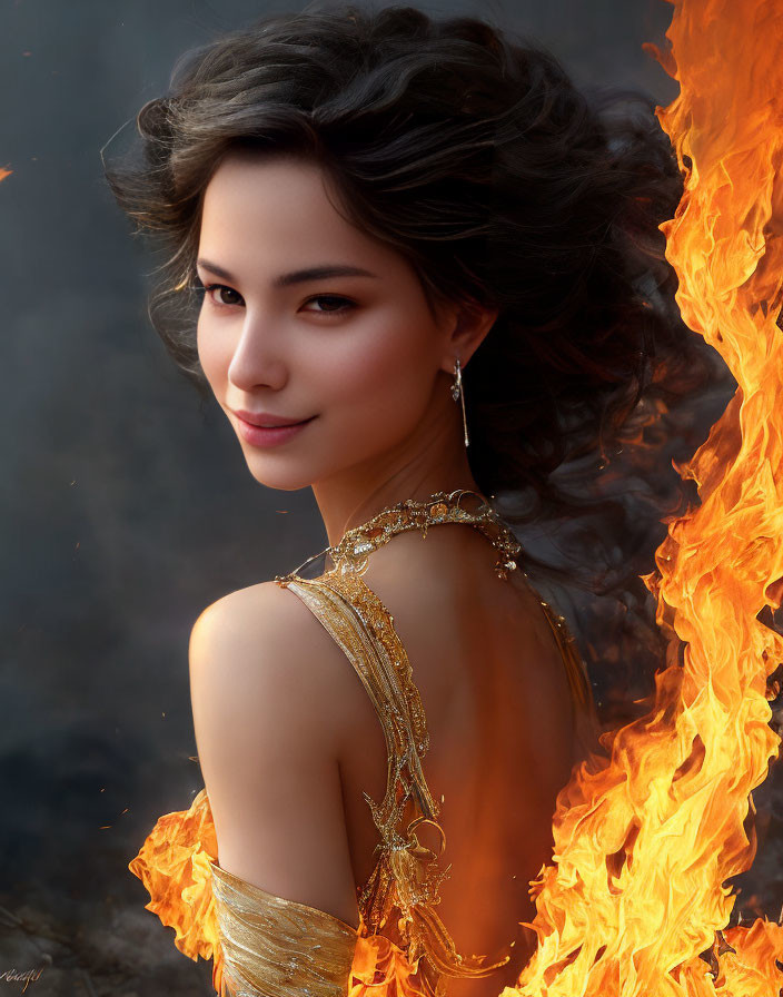 Woman in gold dress smirking amid fiery backdrop