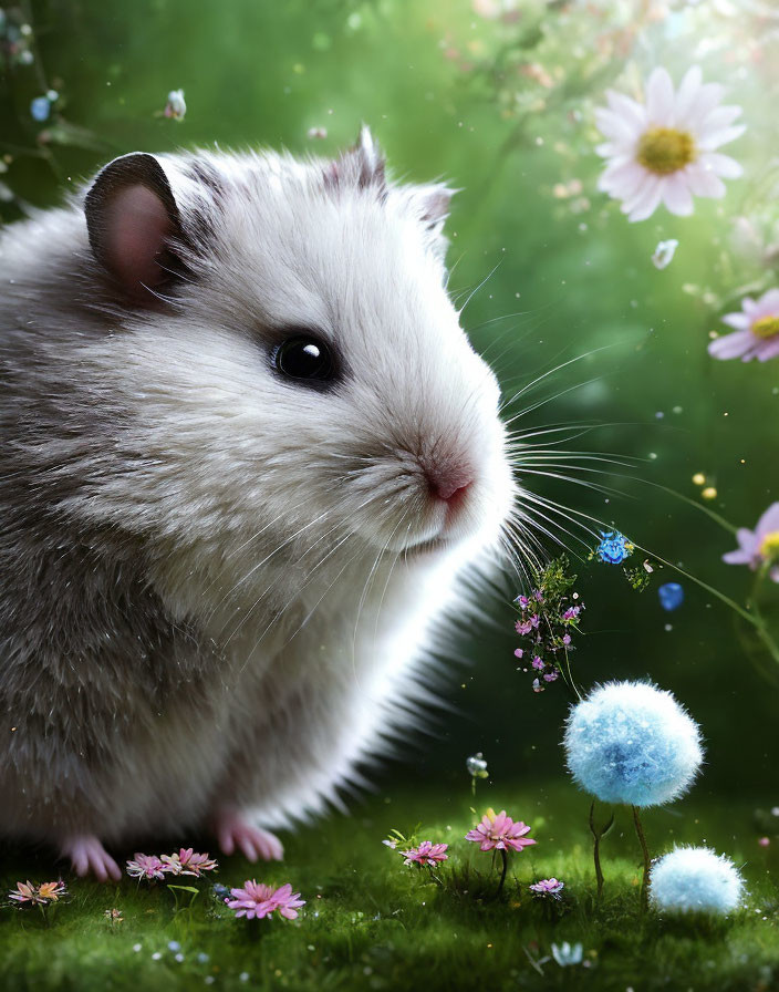 White Hamster Surrounded by Flowers on Green Background