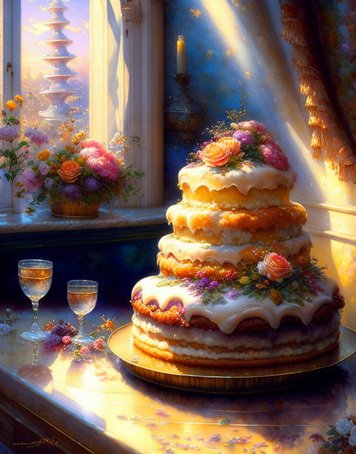 Elegant multi-layered cake with white icing and flowers on table with wine glasses, warm golden light
