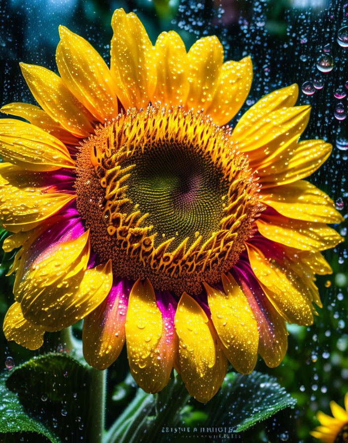 Sunflower with water droplets on bright yellow petals against dark background