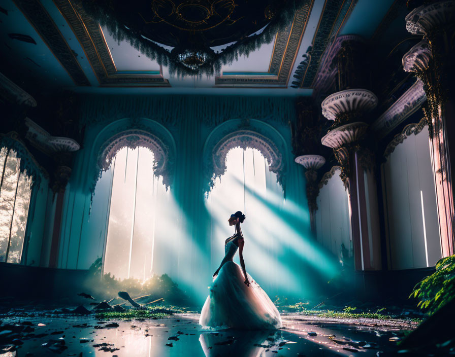 Woman in dress in beam of light in dilapidated room with sunlight and foliage.