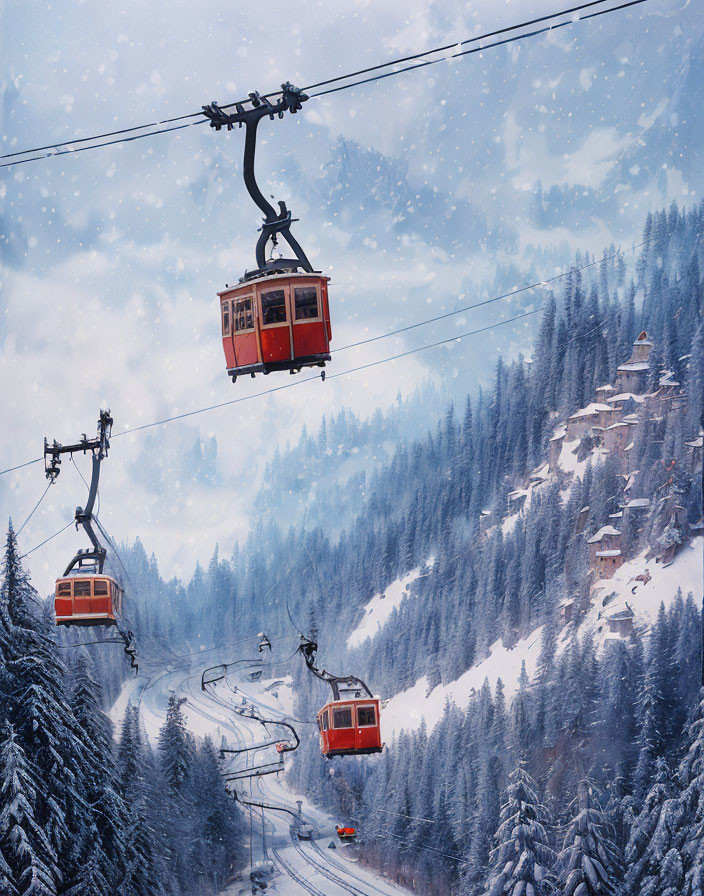 Snowy mountain landscape with red cable cars and ski track