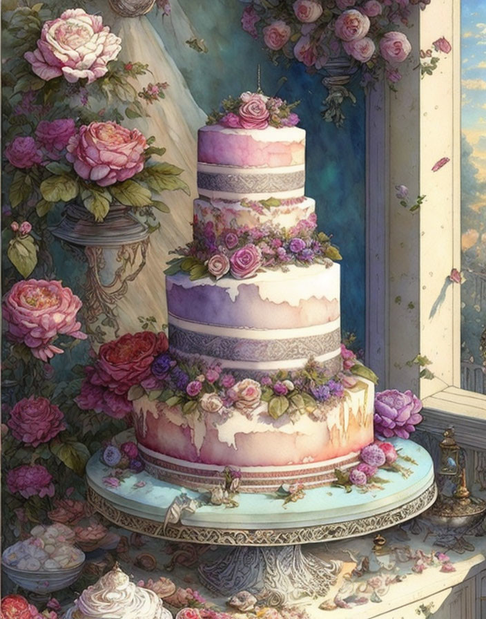 Four-tiered wedding cake with purple ombre effect and roses near window