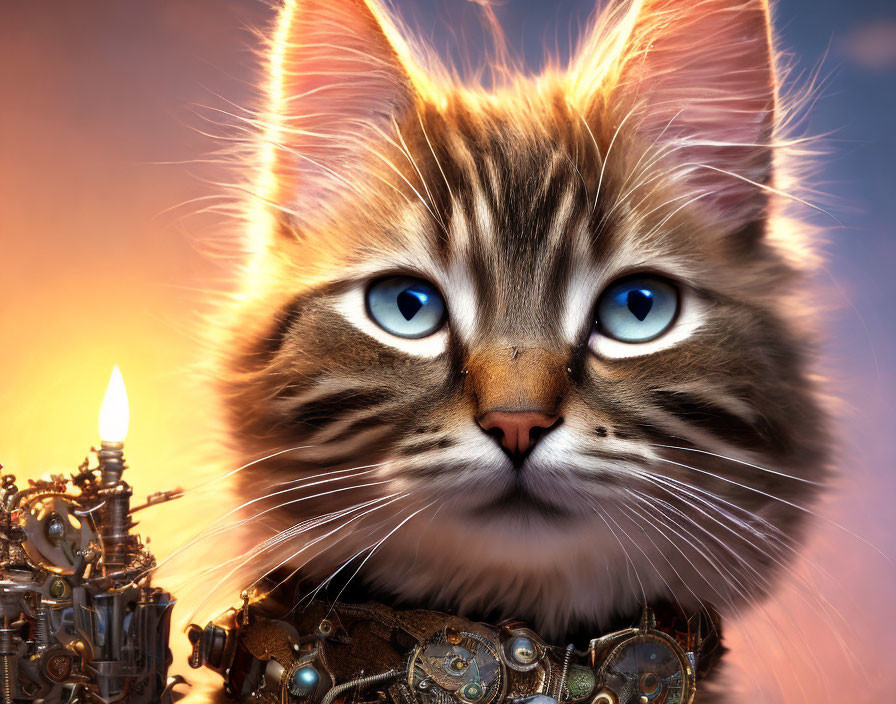 Fluffy tabby cat with blue eyes in steampunk gear and candle scene