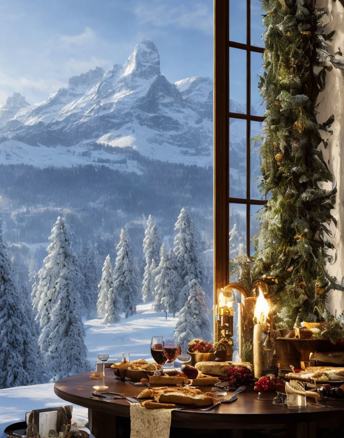 Winter Table Setting with Snowy Landscape View