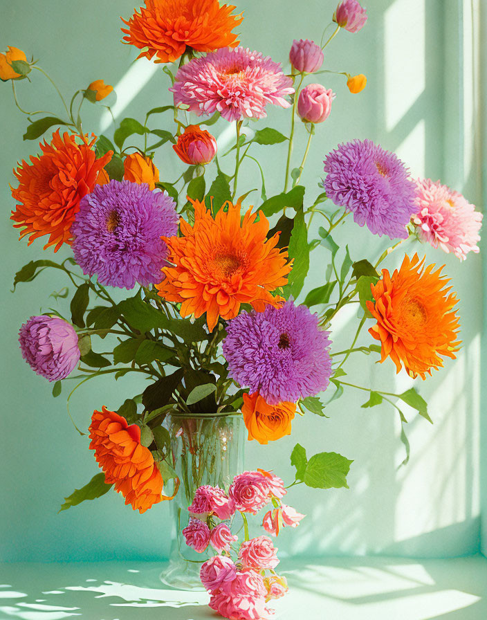 Orange and Purple Flowers in Glass Vase with Sunlight and Shadows