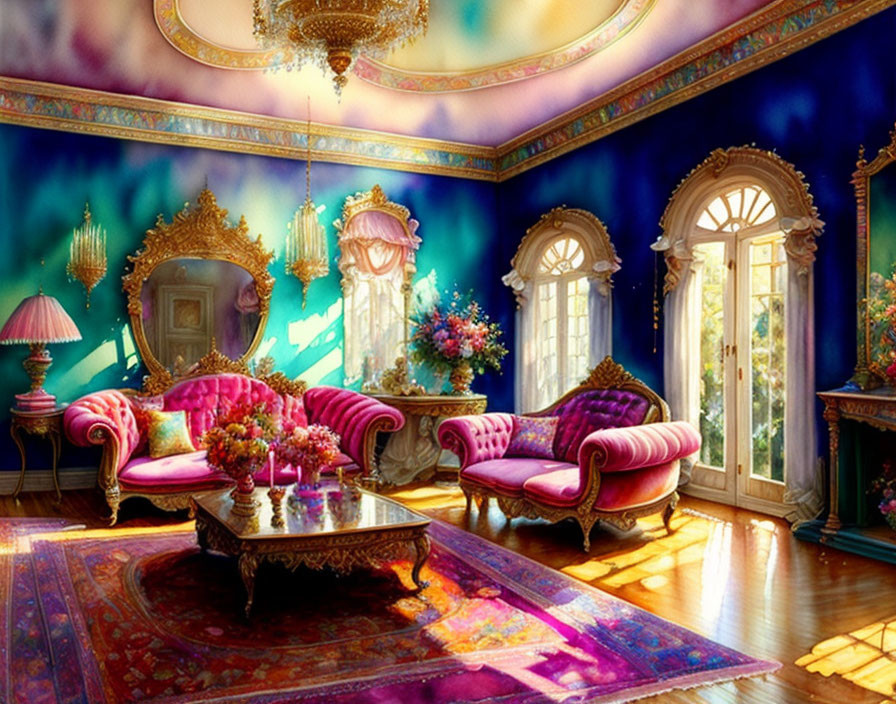 Luxurious Room with Pink Velvet Sofas, Golden Mirrors, Chandelier, Bouquet, Persian