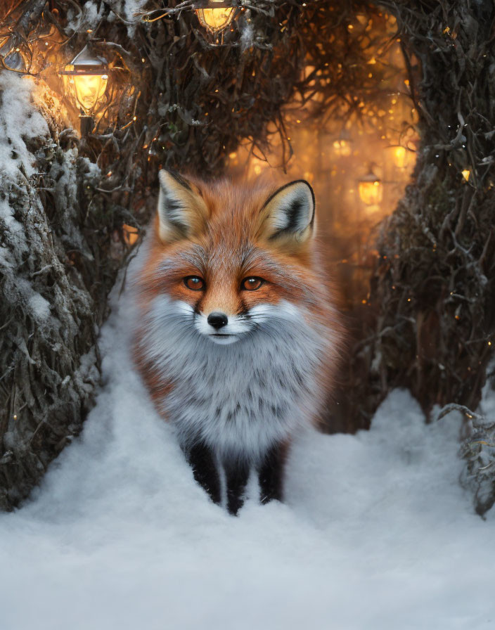 Red Fox in Snow Surrounded by Lanterns and Bushes