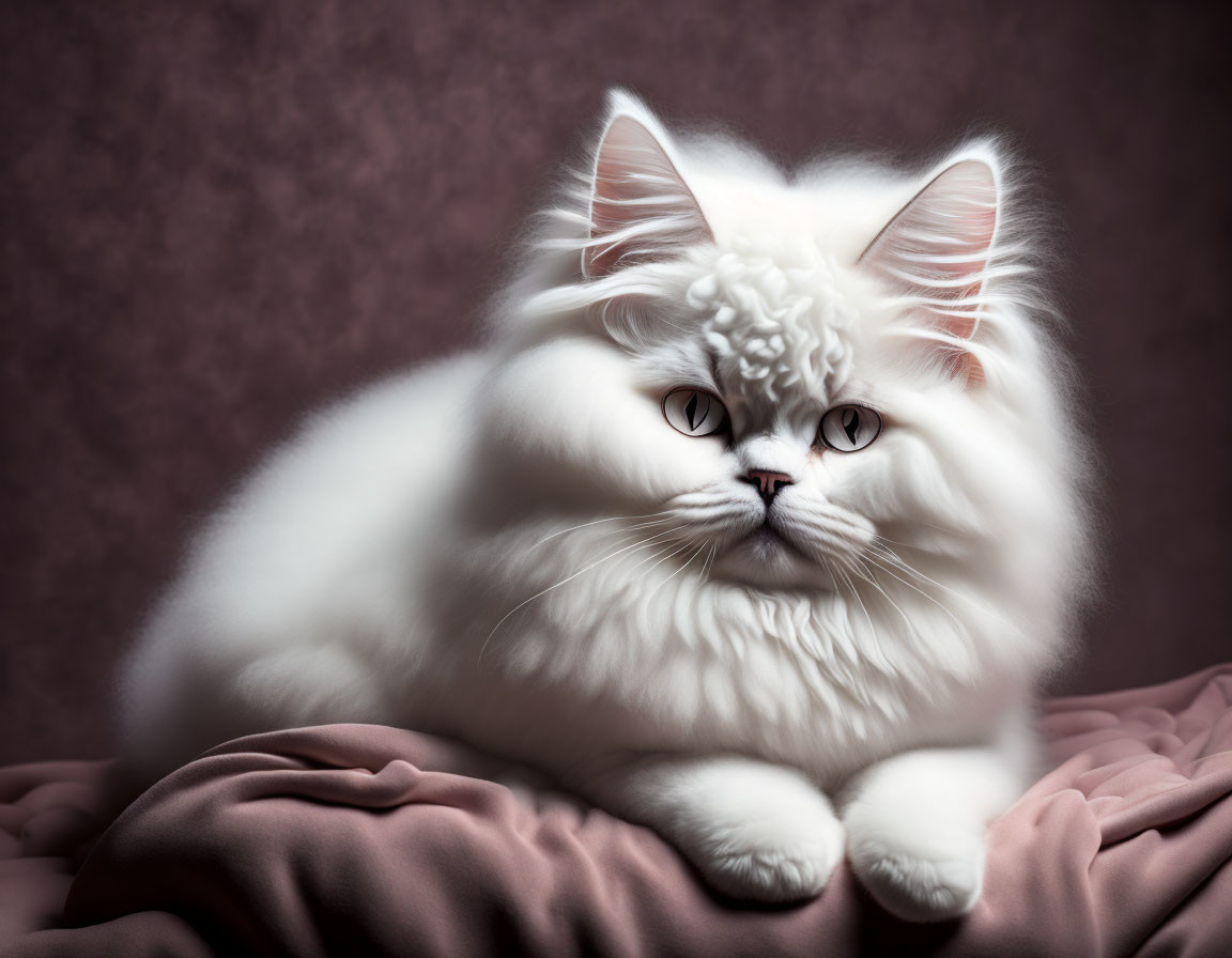 Fluffy White Cat with Blue Eyes on Pink Fabric and Purple Background
