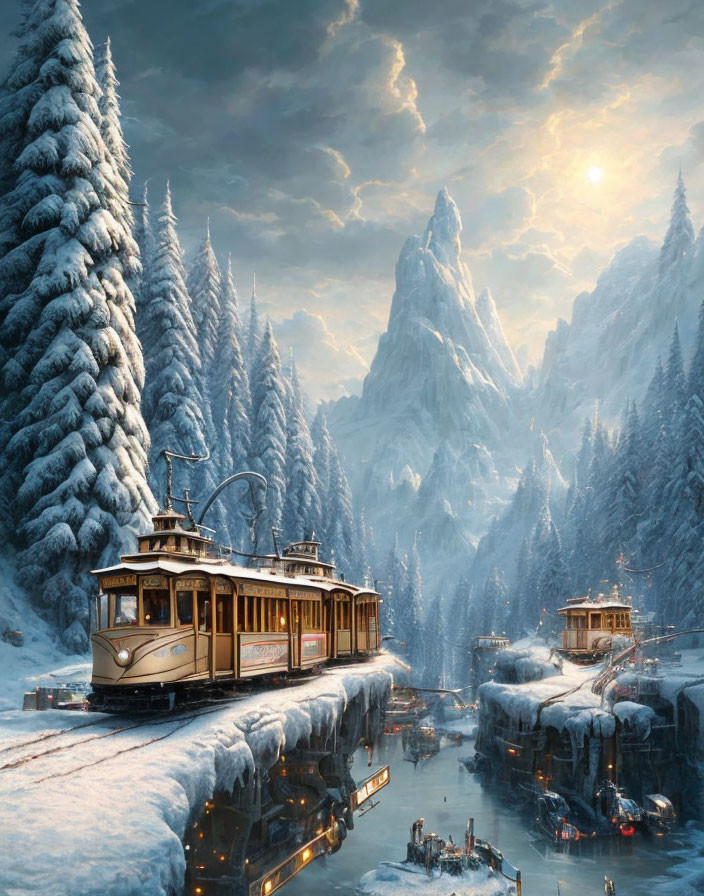 Vintage Tram Crossing Snow-Covered Bridge in Winter Scene