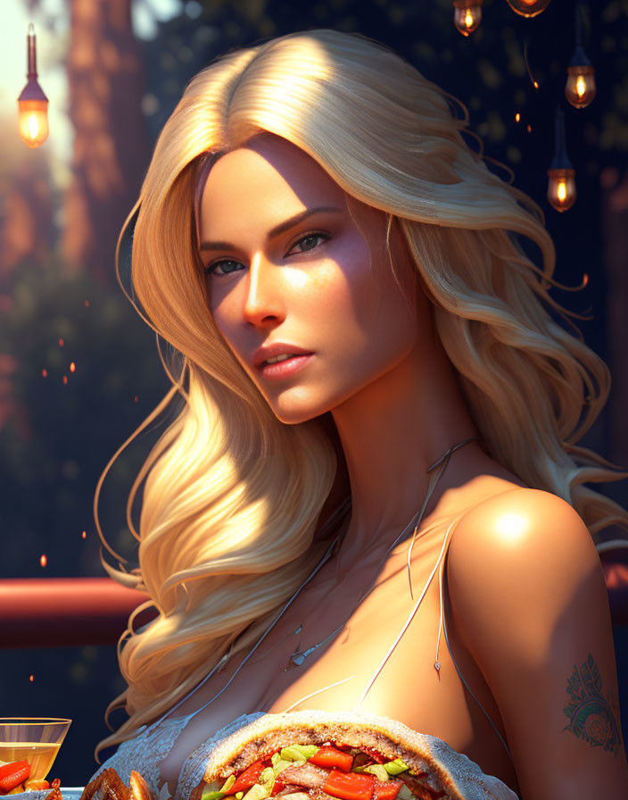 Blonde woman with tattoo near food table in warm lighting