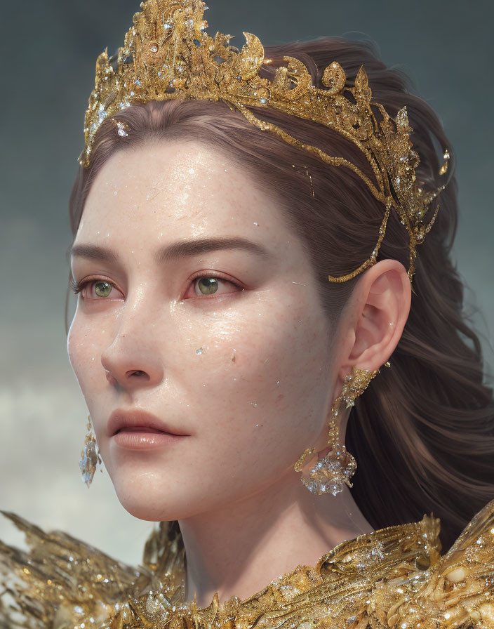 Fair-skinned woman with green eyes and golden crown and earrings, embodying a regal fantasy queen