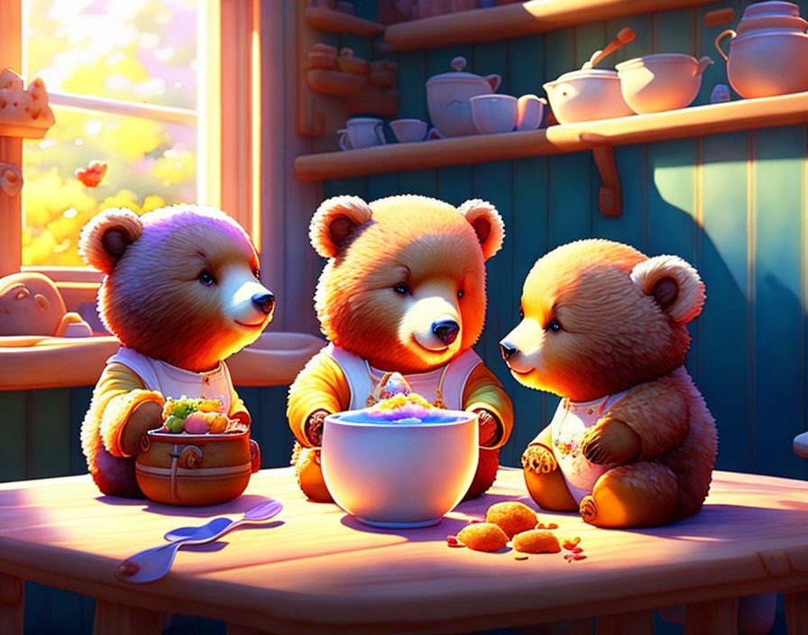 Three animated bears sharing colorful food in cozy kitchen setting with sunlight.