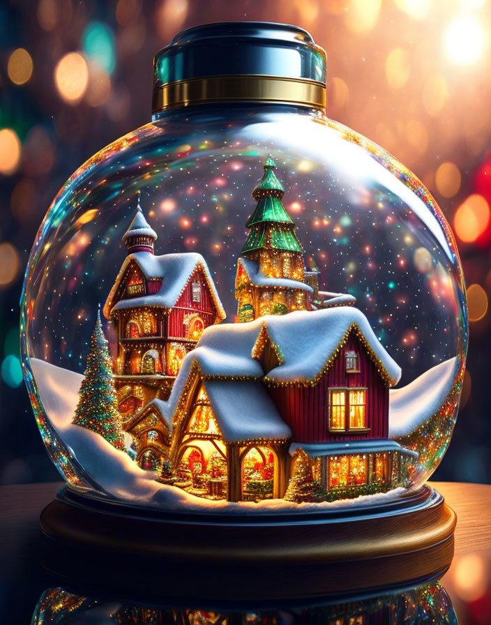 Miniature illuminated village snow globe with Christmas tree on bokeh light background