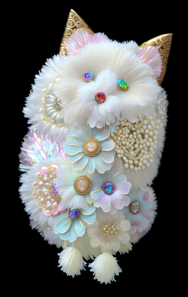 Cat-shaped decorative artwork with white flowers, pearls, and jewels in pink and gold