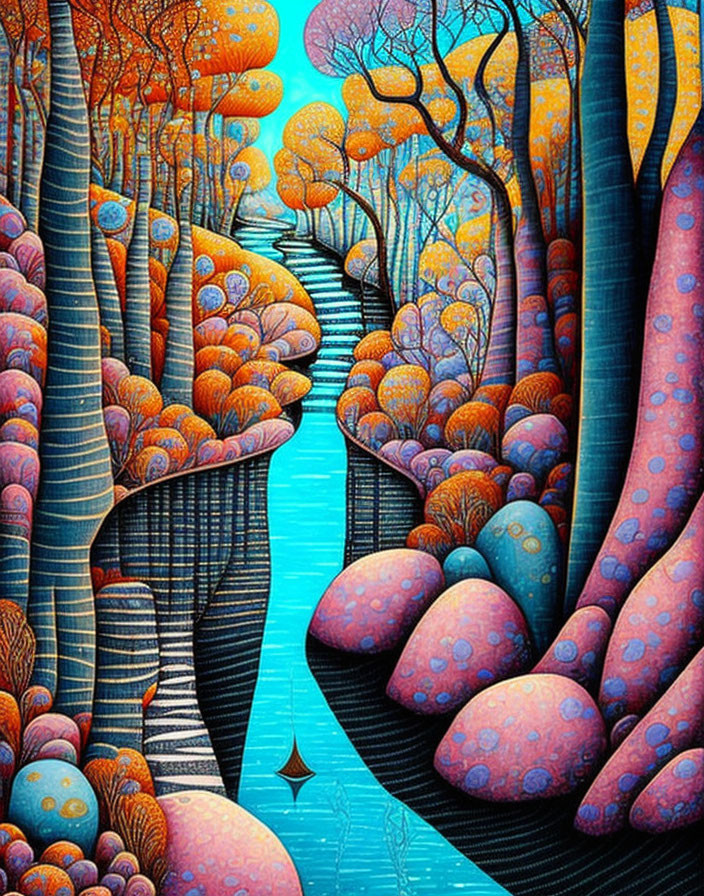 Colorful painting of whimsical river and trees under dotted sky
