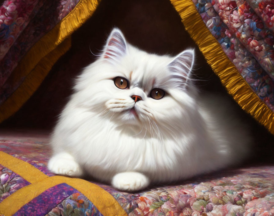 Fluffy white cat with amber eyes under colorful blanket