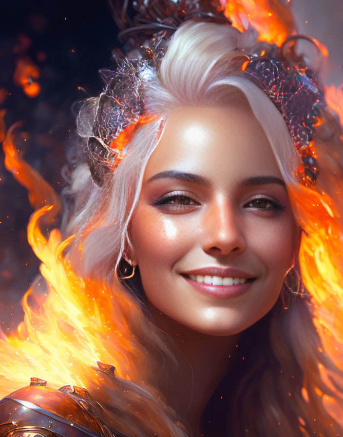 Smiling woman with white hair and fiery orange elements in digital portrait