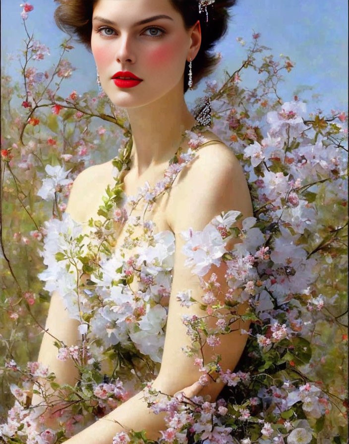 Portrait of woman with brown hair, red lipstick, white floral garment, pink and white blossoms.