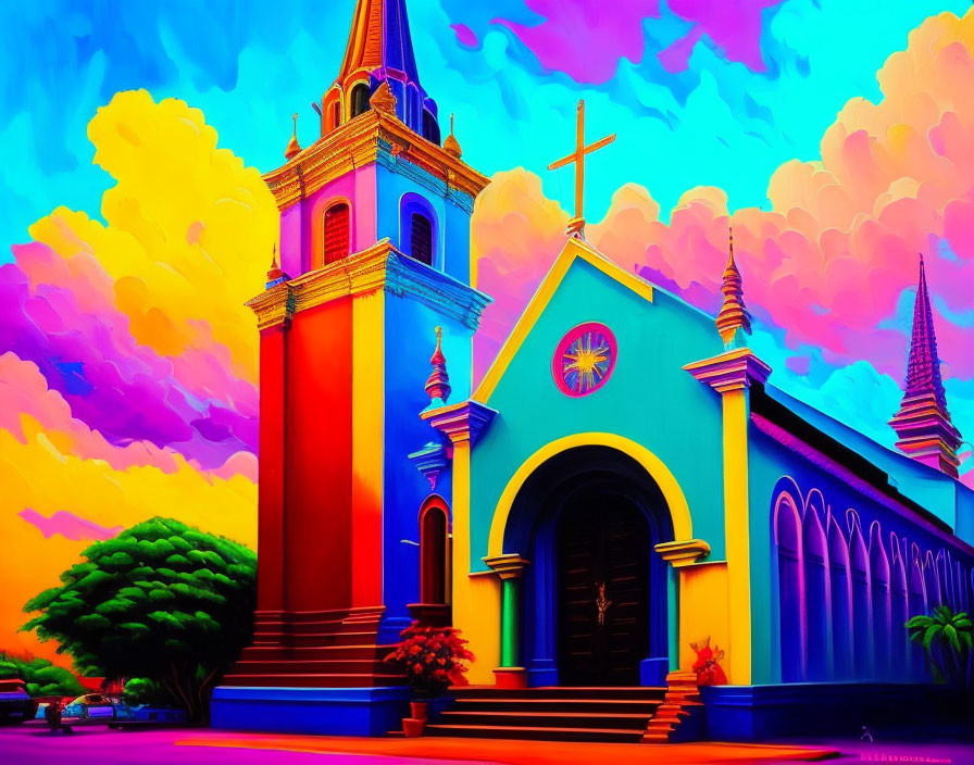 Digitally altered church image with vibrant colors and surreal aesthetic