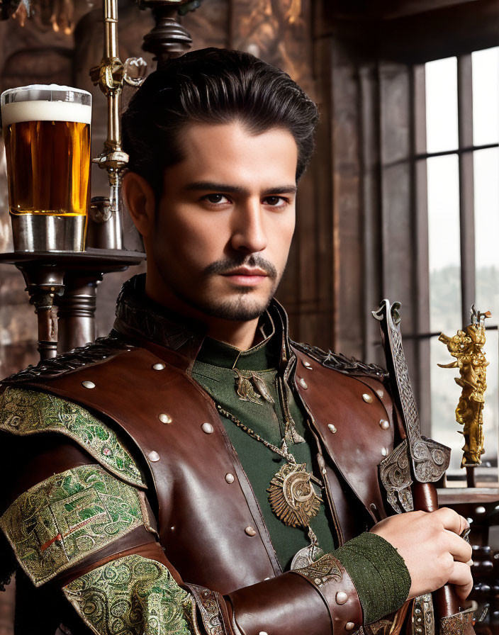 Medieval knight with sword and beer in vintage setting
