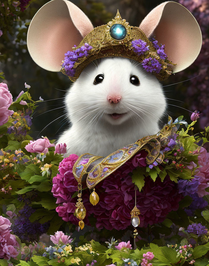 Illustration of a mouse with pink ears in crown among colorful flowers