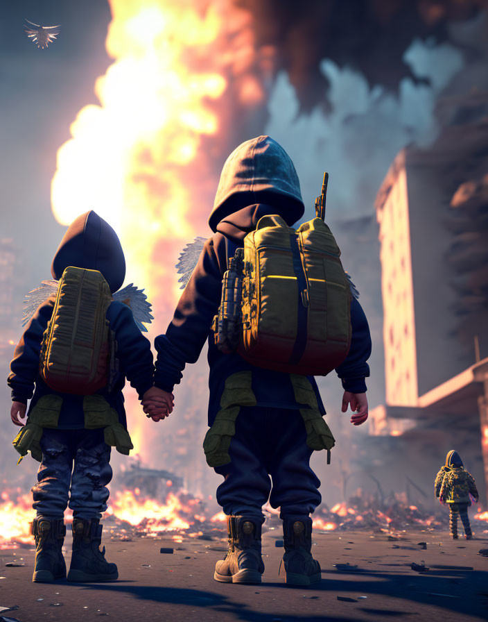 Children holding hands amid city explosion and chaos