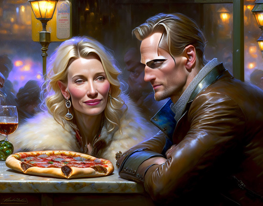 Illustration of mask-wearing man and fur-clad woman sharing pizza in vibrant city scene