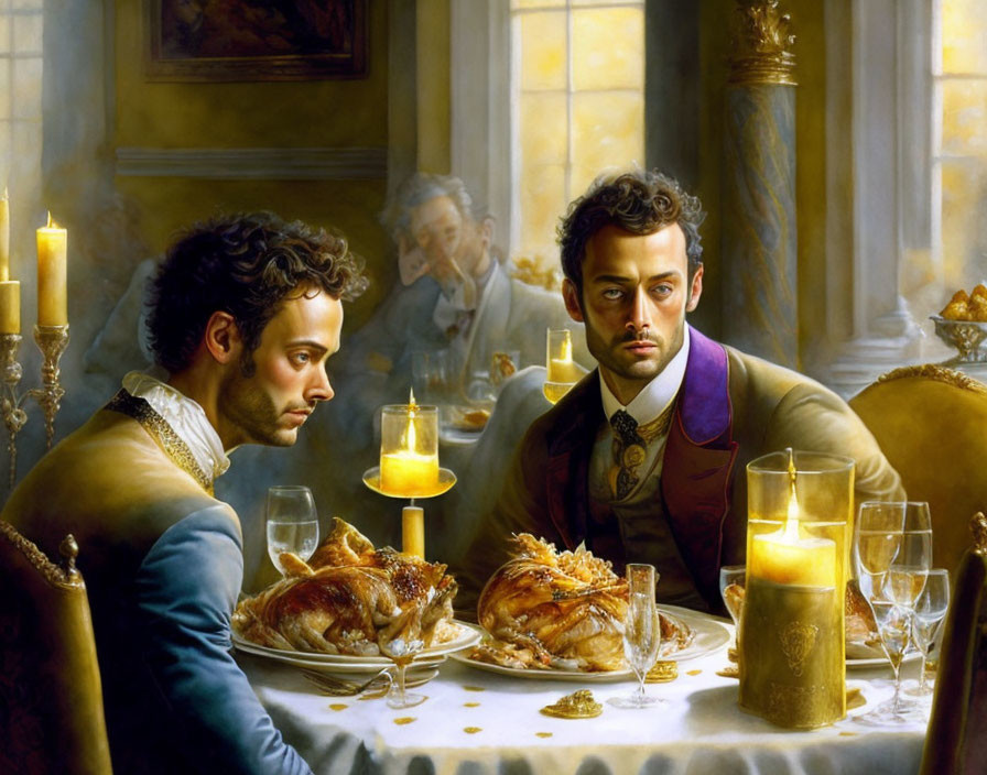 Opulent dining scene with identical men, candles, and lavish meals.