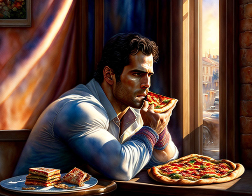 Muscular man eating pizza by window at sunset