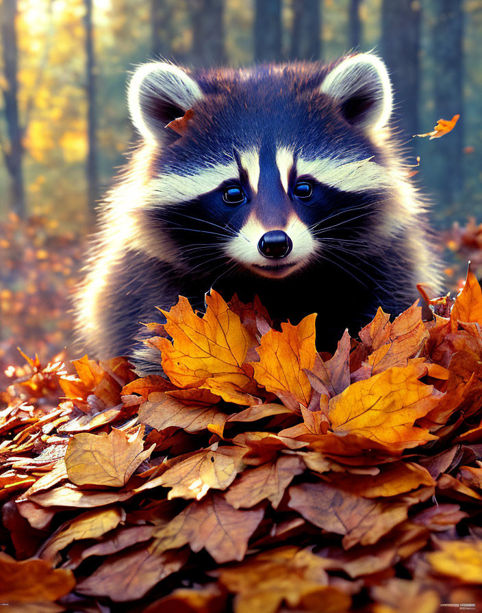 Curious raccoon in autumn forest with golden leaves and sunlight